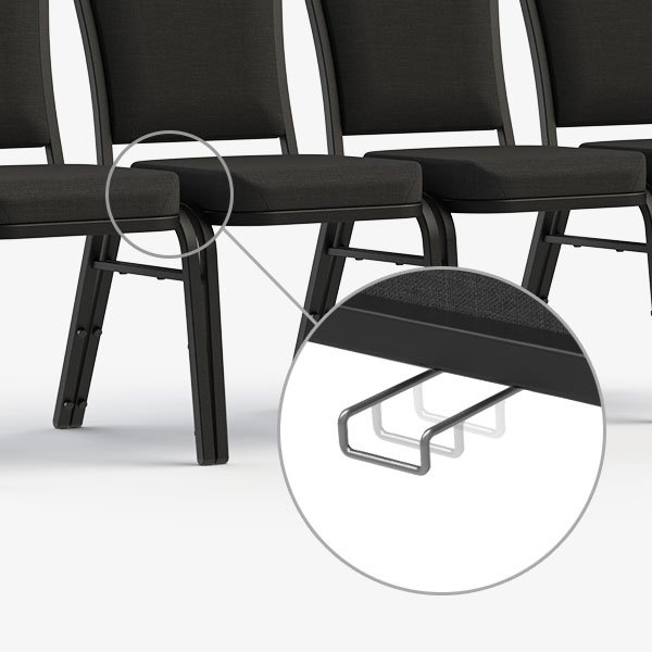 Interlocking armless Vista banquet chairs aligned in a row for organized seating