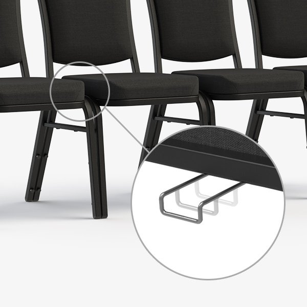 Interlocking armless Vista banquet chairs aligned in a row for organized seating