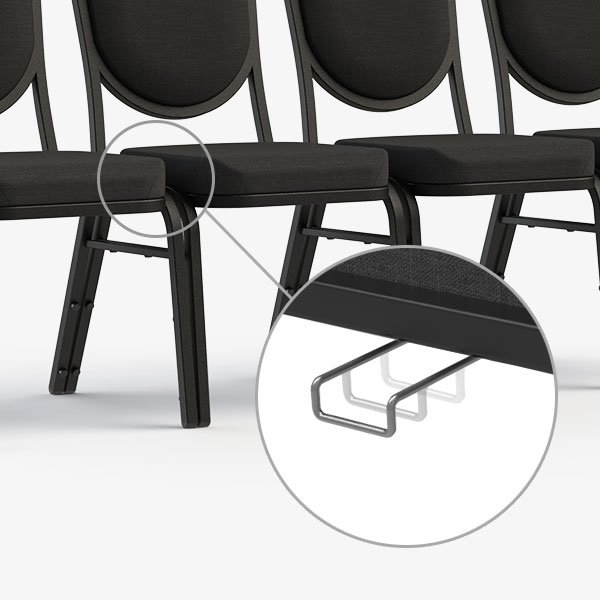 Interlocking armless Vista banquet chairs aligned in a row for organized seating