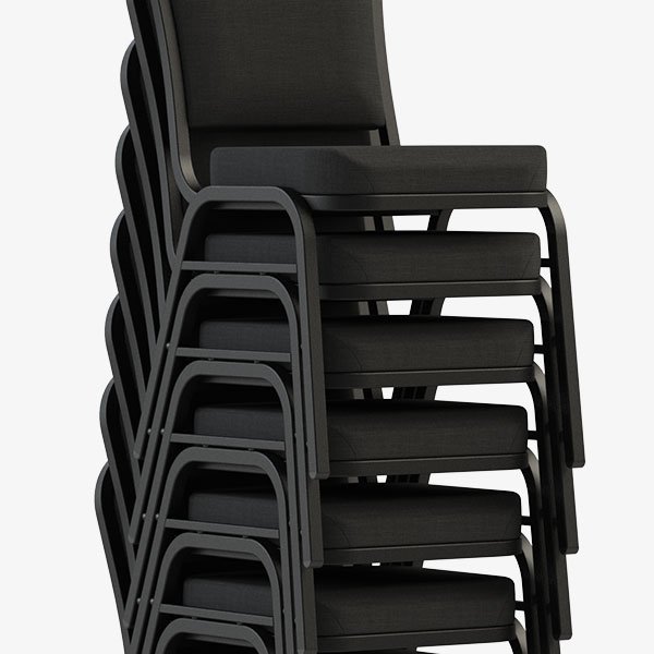 Commercial armless, stackable banquet chairs stacked 8-10 high for space-saving storage and easy handling