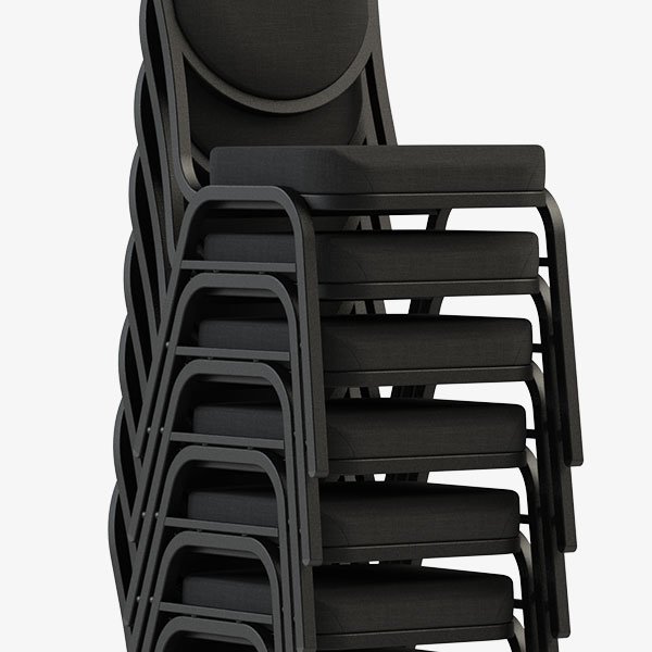 Commercial armless, stackable banquet chairs stacked 8-10 high for space-saving storage and easy handling