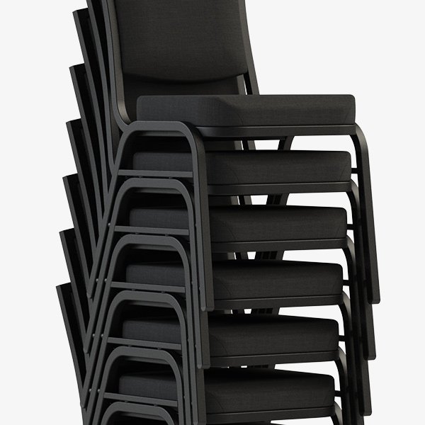 Commercial armless, stackable banquet chairs stacked 8-10 high for space-saving storage and easy handling