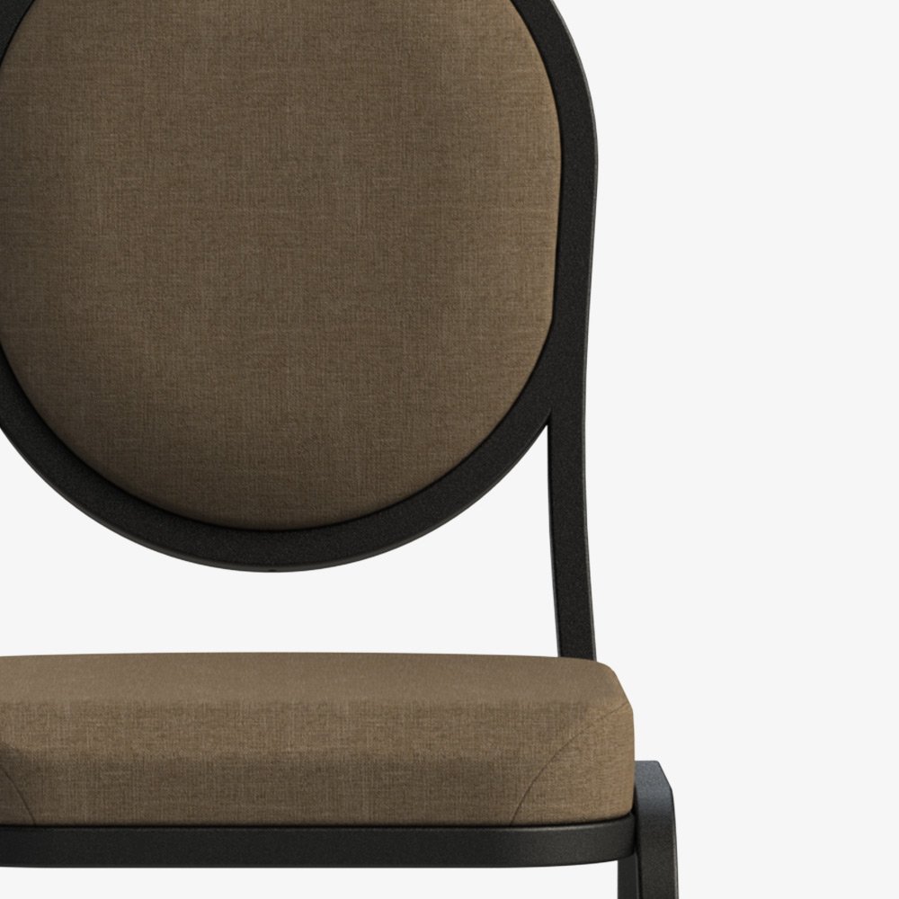 Commercial banquet chair upholstery fabric in Cafe color with textured black frame detail