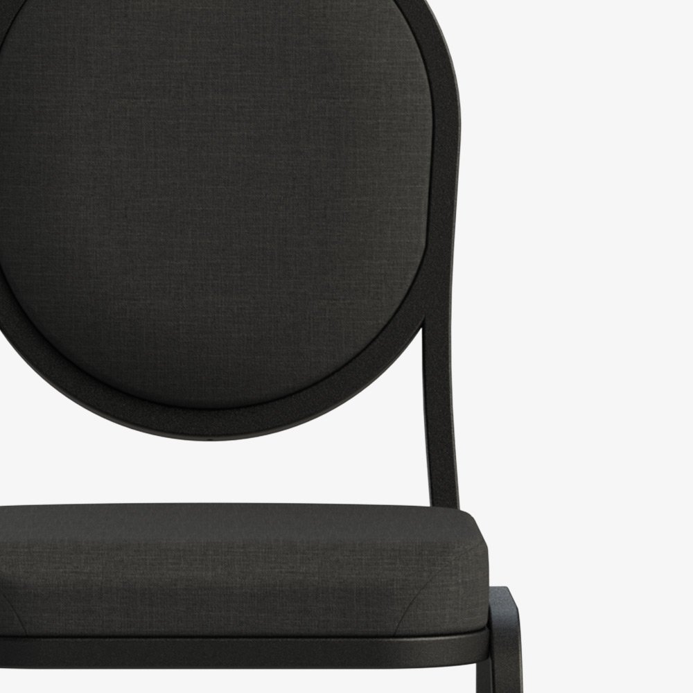 Commercial banquet chair upholstery fabric in Smoke color with textured black frame detail