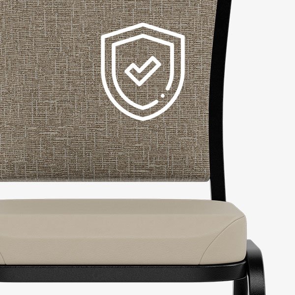 Chair with warranty protection icon indicating long-term durability and coverage