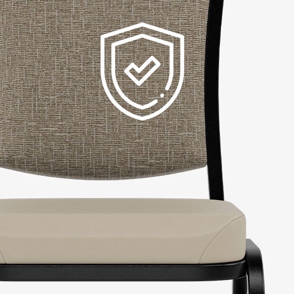 Chair with warranty protection icon indicating long-term durability and coverage