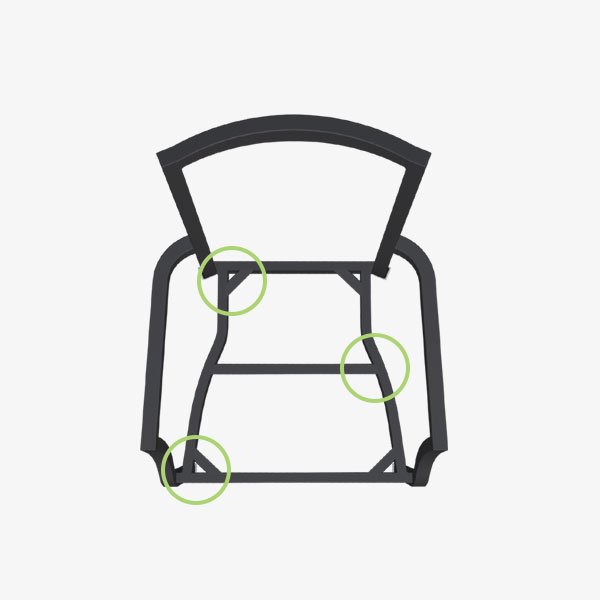Aluminum chair frame with reinforced webbed underseat crossbars.