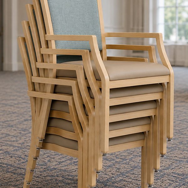 Hospitality seating stacked five chairs high for efficient storage