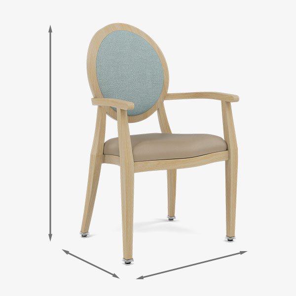 Commercial hospitality chair with overall dimensions and product measurements.