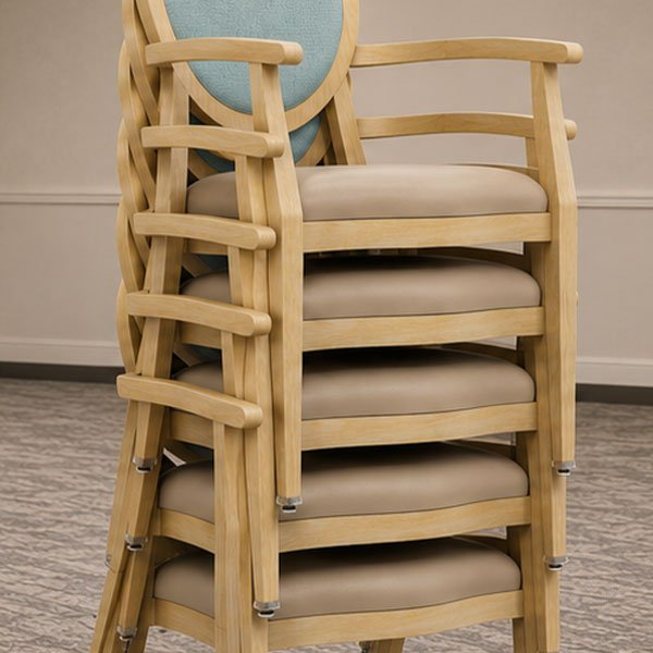 Hospitality seating stacked five chairs high for efficient storage