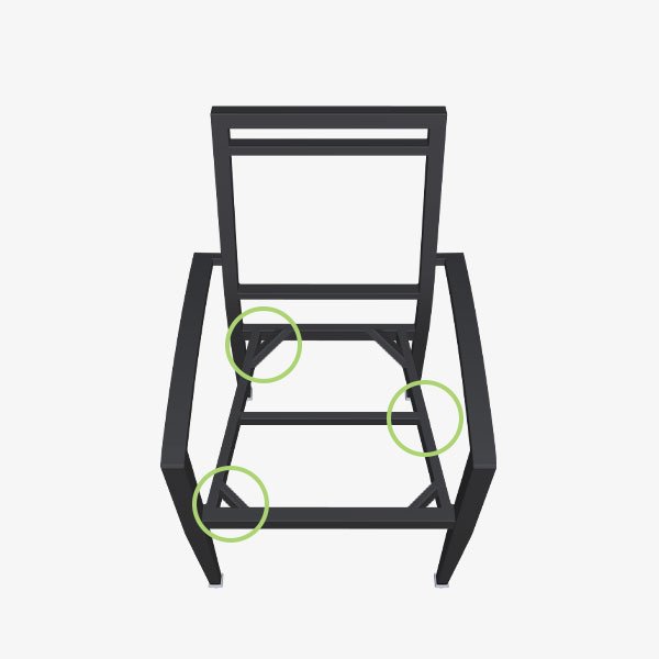Aluminum chair frame with reinforced webbed underseat crossbars.