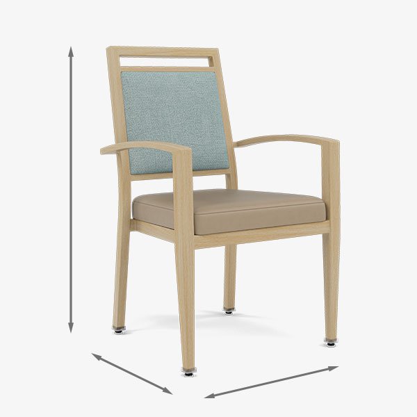 Commercial hospitality chair with overall dimensions and product measurements.