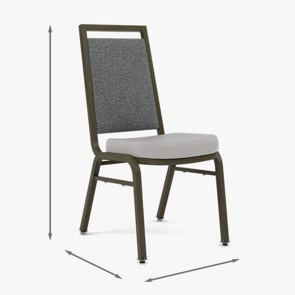 Commercial hospitality chair with overall dimensions and product measurements.
