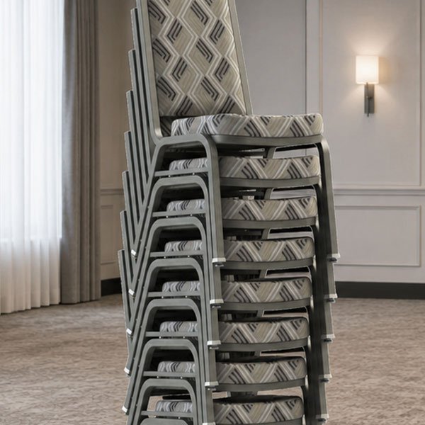 Commercial armless, stackable banquet chairs stacked 8-10 high for space-saving storage and easy handling