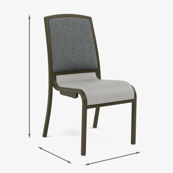 Commercial hospitality chair with overall dimensions and product measurements.