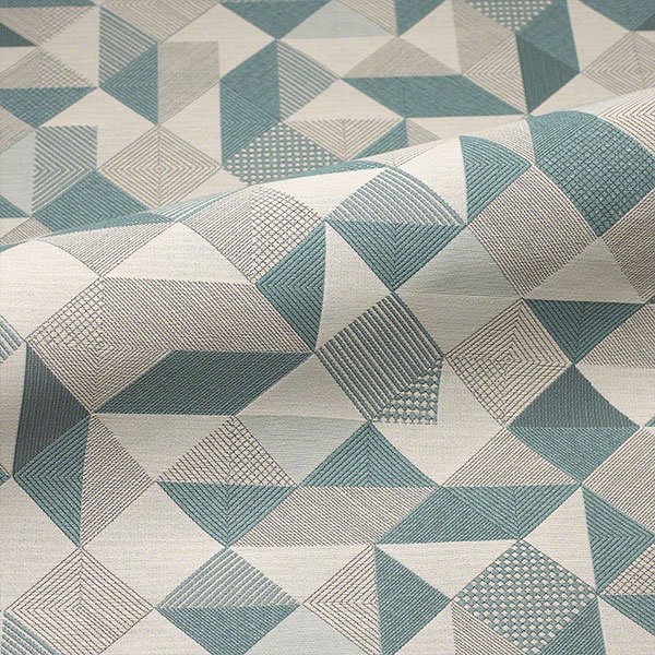 Commercial upholstery fabric with geometric pattern in teal, beige, and neutral tones