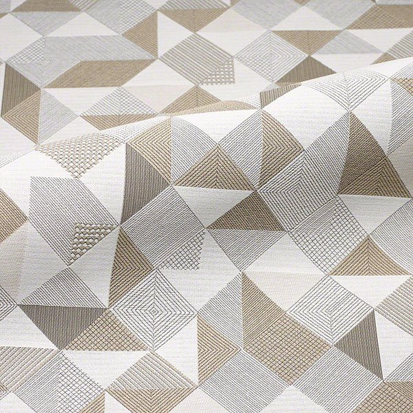 Commercial upholstery fabric with geometric pattern in beige, grey, and neutral tones