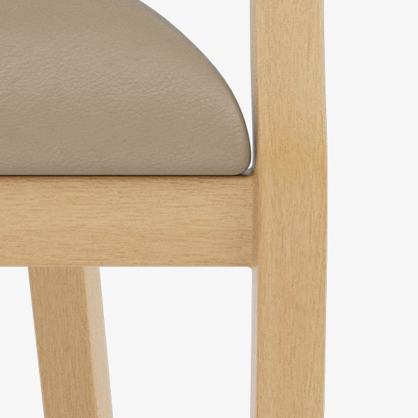 Close up of the wood grain aluminum chair frame and upholstered seat
