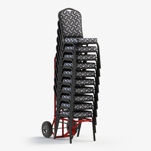 CM-3A chair dolly transporting up to 10 stacked banquet chairs with two-position support arms.