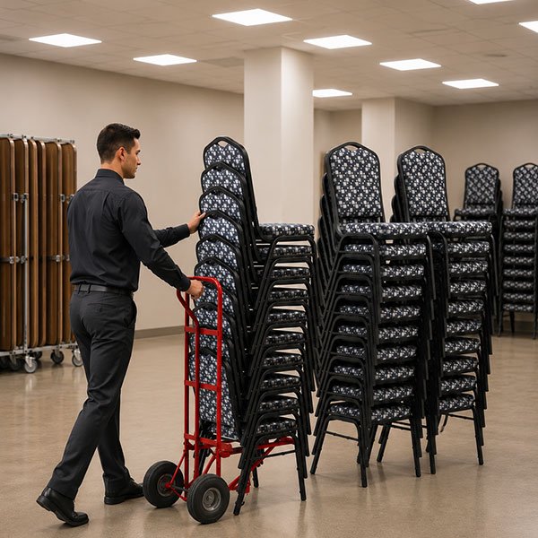 Hotel employee storing stacked banquet chairs with the CM-3A commercial chair dolly in a hospitality storage room