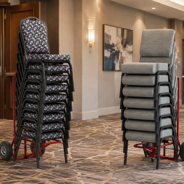 Commercial chair dolly supporting multiple banquet chair styles in a hospitality setting