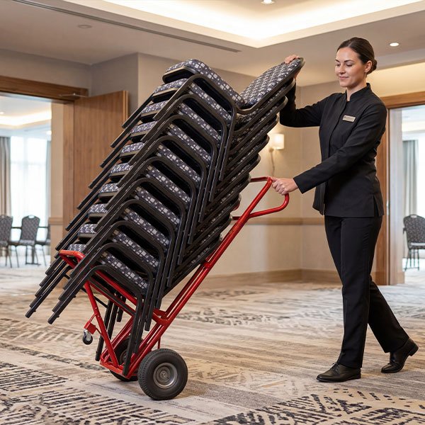 Hotel employee transporting a stack of 10 banquet chairs with the CM-3A commercial chair dolly