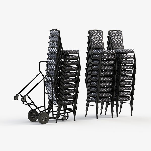 Banquet chair dolly transporting multiple stacking chairs to speed hotel room setups and event changeovers
