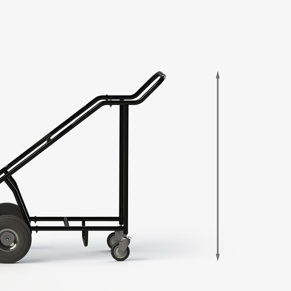 Overall dimensions of the CM-5 hospitality chair dolly showing height, width, depth, and transport frame