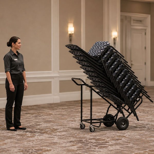 Hotel employee standing beside a loaded banquet chair dolly with ergonomic handle for easier chair transport