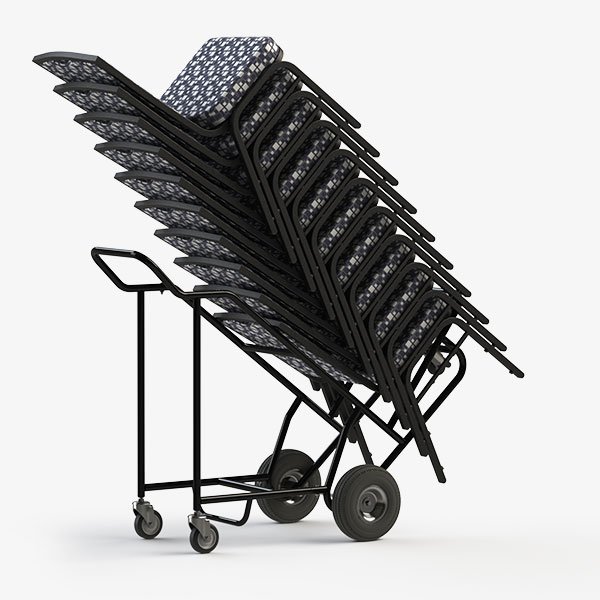 Self-standing banquet chair dolly supporting a loaded stack of hospitality chairs without operator assistance
