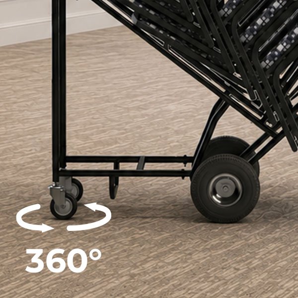 Rear 360-degree swivel casters and large transport wheels on a banquet chair dolly for smooth maneuverability