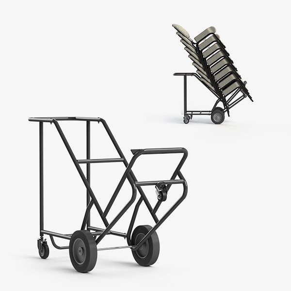 Chair dolly for transporting stacks of stackable chairs in hospitality settings