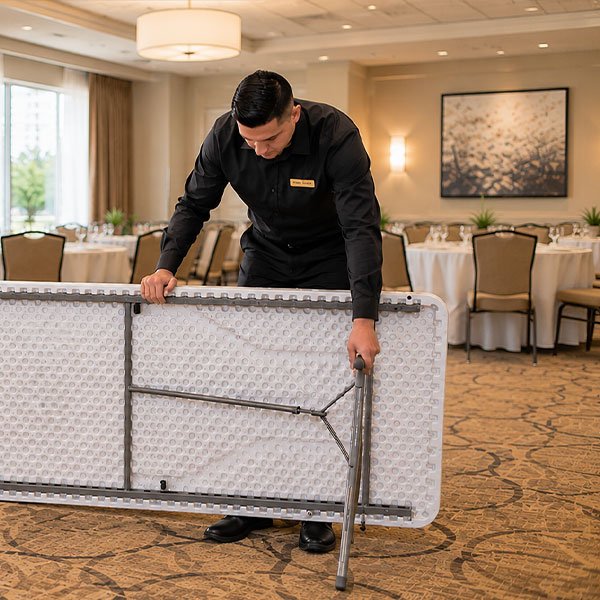 Hotel employee unfolding a commercial folding banquet table in a bright hospitality event room