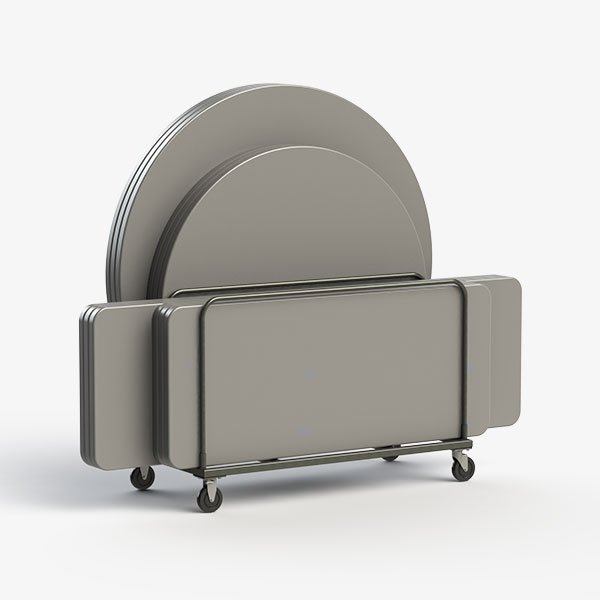 Folded banquet tables nested together for compact storage.