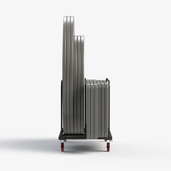 Folded banquet tables nested together for compact storage.