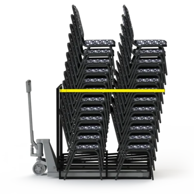 Platform Chair Dolly transporting up to 48 stacking banquet chairs with a powered pallet jack for commercial chair transport and storage.