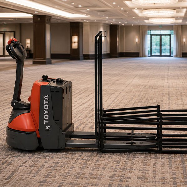 Platform Chair Dolly designed for use with a powered pallet jack in a hotel or convention center