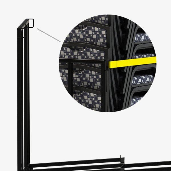 Close-up of the Platform Chair Dolly safety strap system securing stacked banquet chairs during transport