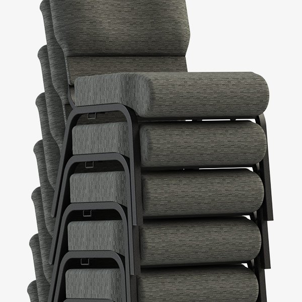 Commercial stackable chairs stacked 6–8 high for space-saving storage and easy handling