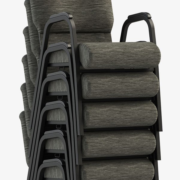 Commercial armed, stackable chairs stacked 6–8 high for space-saving storage and easy handling