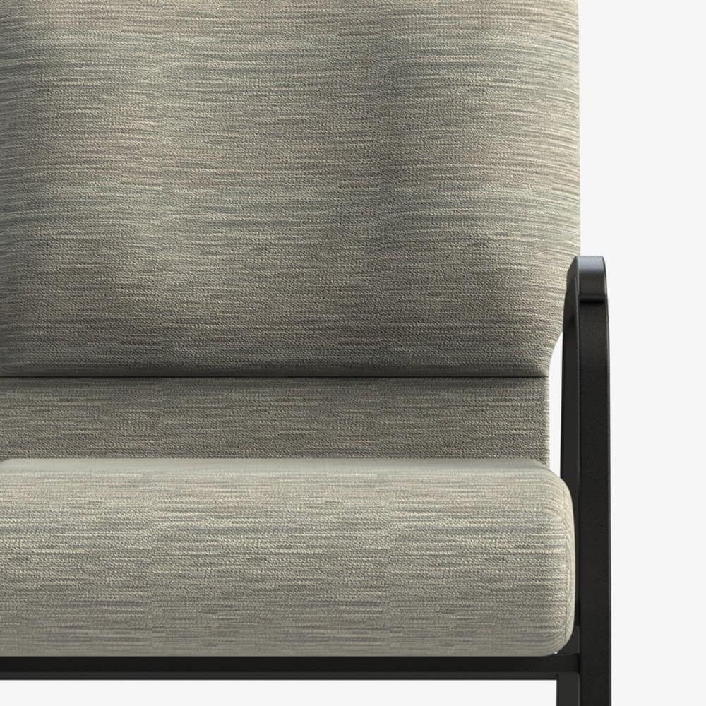 Commercial chair upholstery fabric in Moonbeam color with textured pattern and black frame detail