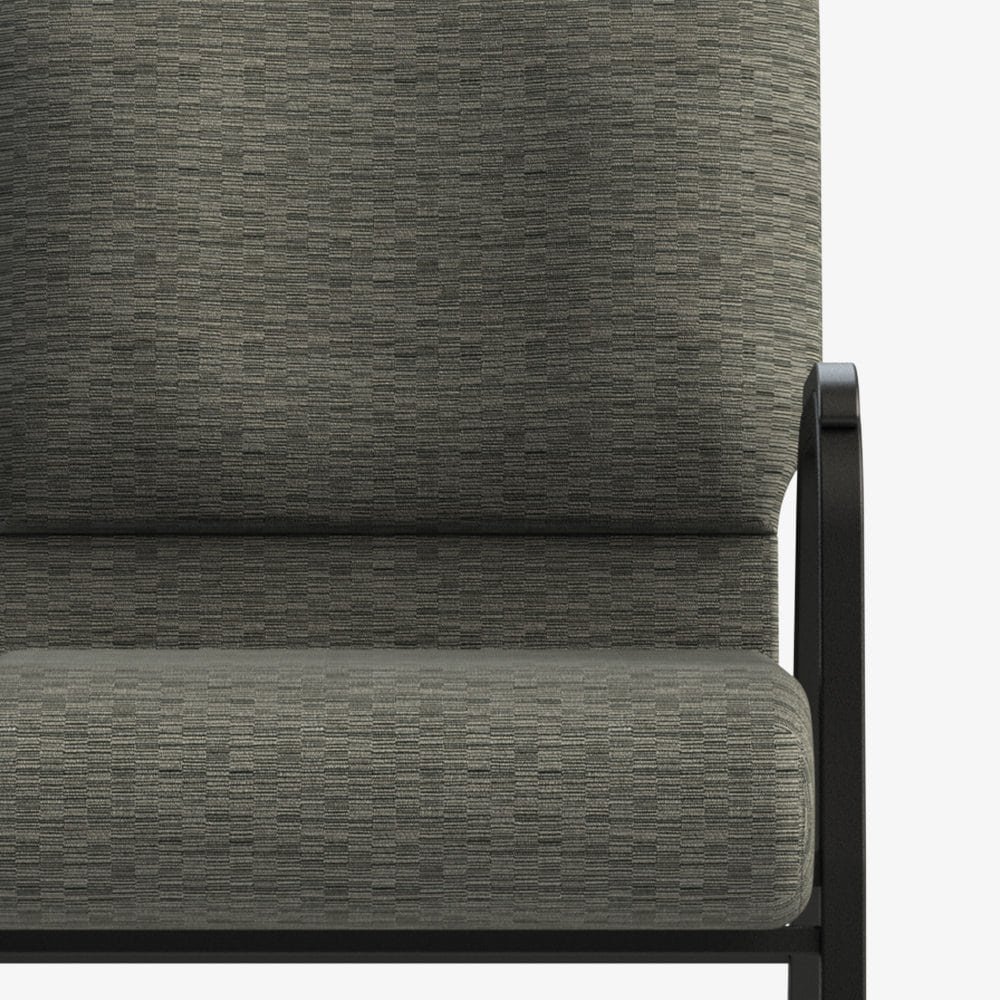 Commercial chair upholstery fabric in Onyx color with textured pattern and black frame detail