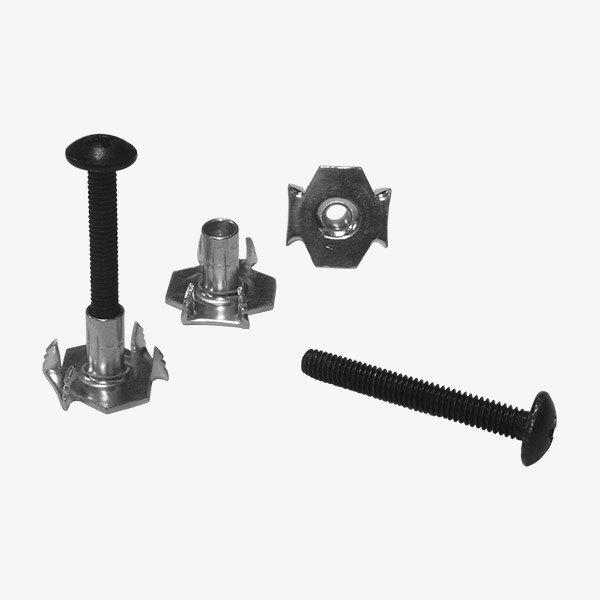 Metal T-nuts and bolts used to securely attach seat and back to chair frame
