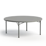 71-inch round commercial folding banquet table with a gray polyethylene tabletop and steel tubular legs.
