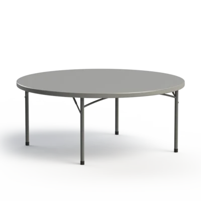 71-inch round commercial folding banquet table with a gray polyethylene tabletop and steel tubular legs.
