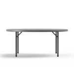 71-inch round commercial folding banquet table with a gray polyethylene tabletop and steel tubular legs.