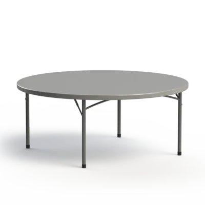 71-inch round commercial folding banquet table with a gray polyethylene tabletop and steel tubular legs.