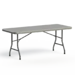 72-inch commercial folding banquet table with a gray polyethylene tabletop and steel tubular legs.