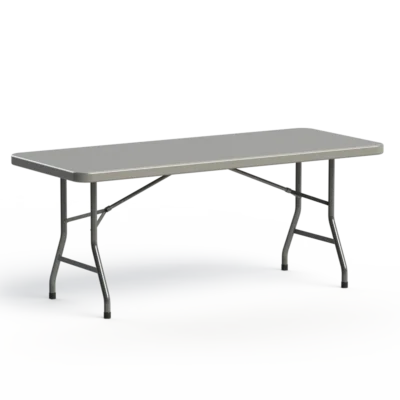 72-inch commercial folding banquet table with a gray polyethylene tabletop and steel tubular legs.