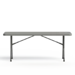 Front view of a 72-inch commercial folding banquet table with a gray polyethylene tabletop and steel tubular legs.